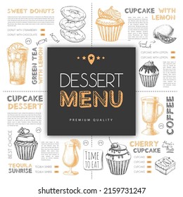 Dessert restaurant menu design with hand drawing cupcakes. Vector illustration