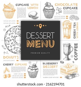 El restaurante de postres tiene un diseño a la carta con quequitos para dibujar a mano. Ilustración del vector