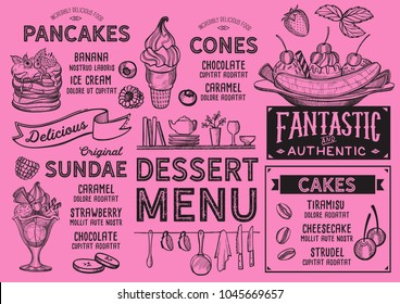 Dessert restaurant menu. Vector food flyer for bar and cafe. Design template with vintage hand-drawn illustrations.