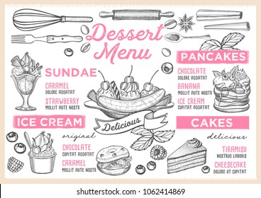 Dessert restaurant menu. Vector food flyer for bar and cafe. Design template with vintage hand-drawn illustrations.