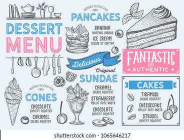 Dessert restaurant menu. Vector food flyer for bar and cafe. Design template with vintage hand-drawn illustrations.