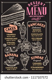 Dessert restaurant menu. Vector food flyer for bar and cafe. Design template with vintage hand-drawn illustrations.