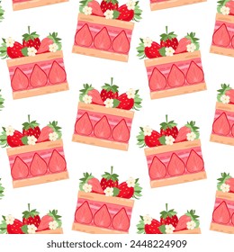 Postre con fresas maduras en estilo plano. Patrón con un pedazo de pastel de fresa sobre un fondo transparente. Patrón sin costura para el textil, papel de embalaje, fondo.
