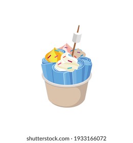 Dessert rolls of ice cream with whipped cream and marshmallow. Popular cold sweet food in hot summer season. Colorful flat vector illustration isolated on white