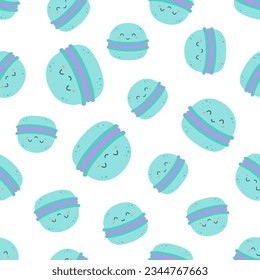 dessert seamless pattern, cartoon sweets colorful backdrop, cute macaroons character on white background, sweet wrapping paper, flat vector design