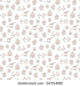 Dessert. Seamless pattern with cupcakes, macaroon, yogurt, muffins, coffee beans. Vector Food background.