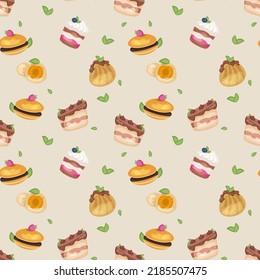 Dessert seamless pattern. Delicious trifle, dorayaki, dumplings, tiramisu and leaves.