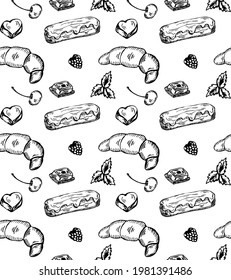 Dessert seamless pattern of eclairs, croissants, sweets, cherries and mint on a white background. Hand-drawn illustrations in doodle style.