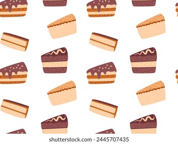 Dessert seamless pattern. Slices of chocolate cake endless background. Vector pie flat repeat cover illustration.