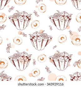 Dessert seamless pattern. Sweet background in hand drawn style. Wallpaper with tart, donut. Vector illustration for cafe menu, banner, recipe and etc.