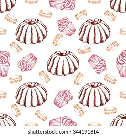 Dessert seamless pattern. Sweet background in hand drawn style. Wallpaper with cake, muffin, macaron. Vector illustration for cafe menu, banner, recipe and etc.