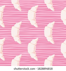 Dessert seamless pattern with tasty croissants silhouettes. Doodle food ornament with pink stripped bright background. Perfect for fabric design, textile print, wrapping, cover. Vector illustration.