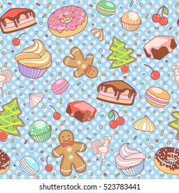 Dessert seamless vector pattern.
Cake, Christmas Tree, meringue, cherry, cupcake, donut, Gingerbread man, candy, macaroon.