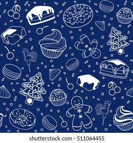 Dessert seamless vector pattern with Christmas elements. Line art.
Cake, Christmas Tree, meringue, cherry, cupcake, donut, Gingerbread man, candy, macaroon.