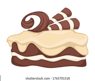 Dessert served in portion, tiramisu cake with chocolate or cocoa and cream. Bakery or homemade products, culinary confectionery made of organic natural ingredients. Dish vector in flat style