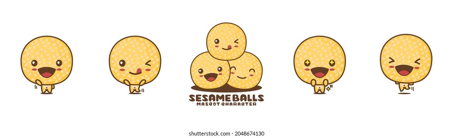 dessert sesame ball mascot, asian food vector illustration, with different facial expressions and poses, isolated on white background