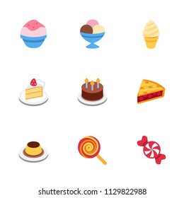 Dessert set bakery ice cream cake candy pudding icons set, vector illustration flat colorful symbols collection.