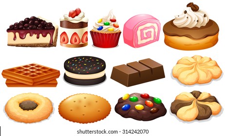 Dessert set with cake and cookies illustration