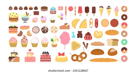 Dessert set. Cake and donut, muffin and chocolate. Junk food full of sugar. Tasty bakery. Collection of tasty food. Isolated flat vector illustration