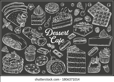 Dessert set, cake, pastry, 
muffins, strudel, waffles and more item are
hand-draw vintage engraving illustration for poster, label and menu. Illustration set in graphic sketch style.