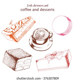 Dessert set with cheesecake, tiramisu, apple pie, macaroon and cup of cappuccino. Ink drawn vector illustration. Sketch in vintage style.