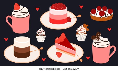 Dessert set with cupcakes, frappe coffee and tart. Cartoon flat style illustration.