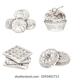 
dessert set drawing isolated line design sketch
