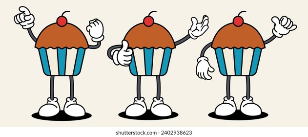 Dessert set mascot of 70s groovy. Collection of cartoon,retro, groovy characters. Vector illustration.