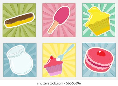 dessert set on sunburst background