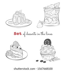 Dessert. Set of sketches / linear drawings - mousse, tiramisu, cake, cupcake.