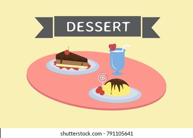Dessert set such as chocolate cake,ice cream,sweet water in a pink table. Vector illustration design. EPS10