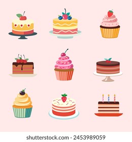 Dessert set vector art design cute cakes muffin 