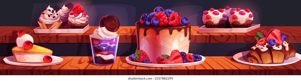 Dessert shop display with cakes and muffins. Vector cartoon illustration of shelf with chocolate pie, cheesecake, ice cream, croissant cupcakes decorated with fruit and berries, confectionery window