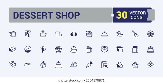 Dessert Shop icon set. Includes thin line toast, banner, cook, blender, break, accessories, label, out. Solid line editable vector illustration.