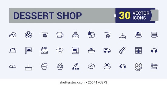 Dessert Shop icon set. Includes thin line toast, banner, cook, blender, break, accessories, label, out. Solid line editable vector illustration.