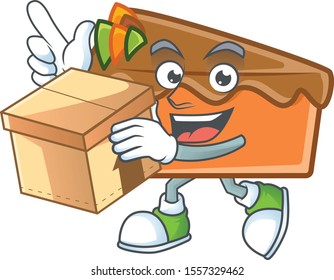 Dessert slice cake cartoon character mascot with bring box.
