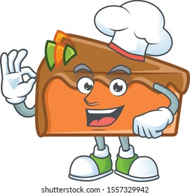 Dessert slice cake cartoon character mascot chef.