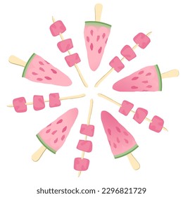 Dessert of slices of fresh ripe watermelon, arranged in a circle, isolated on a white background.