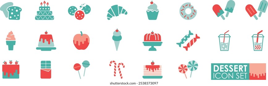 Conjunto de ícone sólido de sobremesa, modelo de ilustração de vetor minimalista simples design gráfico ícone. O conjunto inclui uma Padaria, Pão, Bolo, Rosca, Cupcake, Macaroon, Croissant, Cookie