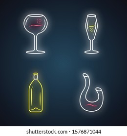 Dessert and sparkling wine neon light icons set. Different types of wineglasses. Decanter, bottle. Aperitif drink, cocktail, alcohol beverage. Glowing signs. Vector isolated illustrations