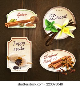 Dessert spices poppy seed christmas scent decorative elements badges set isolated on wooden background vector illustration