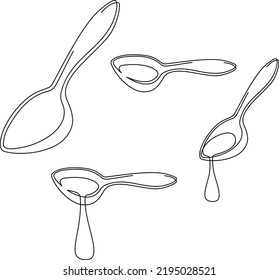 Dessert spoon with a drop falling down. Continuous line drawing. Vector illustration, isolated on white background