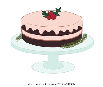 Dessert stand with tasty chocolate Christmas cake on white backg