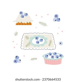 Dessert sticker. Tea time and cake collection. Cute doodle set for cafe, birthday or breakfast with blueberry cookies, cake, teapot, pie, jam and sweet cookies. Cozy food vector illustration