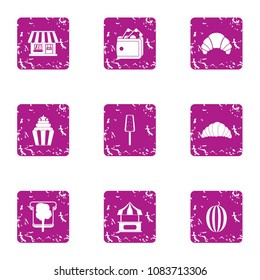 Dessert store icons set. Grunge set of 9 dessert store vector icons for web isolated on white background