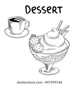 Dessert strawberry ice cream cup coffee food graphic art black white sketch illustration vector