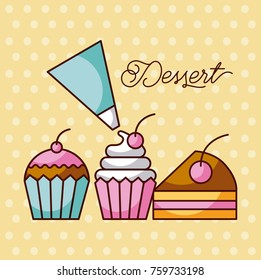 dessert sweet cupcakes and slice cake berry with icing cream bag