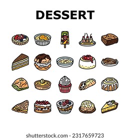 dessert sweet food cake candy icons set vector. pastry chocolate, bakery cupcake, delicious cream, party tasty, birthday cookie dessert sweet food cake candy color line illustrations