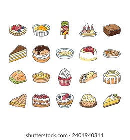 dessert sweet food cake candy icons set vector. pastry chocolate, bakery cupcake, delicious cream, party tasty, birthday cookie dessert sweet food cake candy color line illustrations