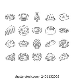 dessert sweet food cake candy icons set vector. pastry chocolate, bakery cupcake, delicious cream, party tasty, birthday cookie dessert sweet food cake candy black contour illustrations